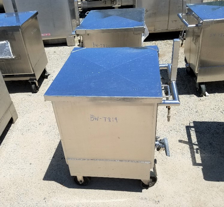 ***SOLD*** (4) approx. 60 Gallon Stainless Steel Sanitary Portable Tanks/Totes. Has provision to mount agitator/mixer. 26